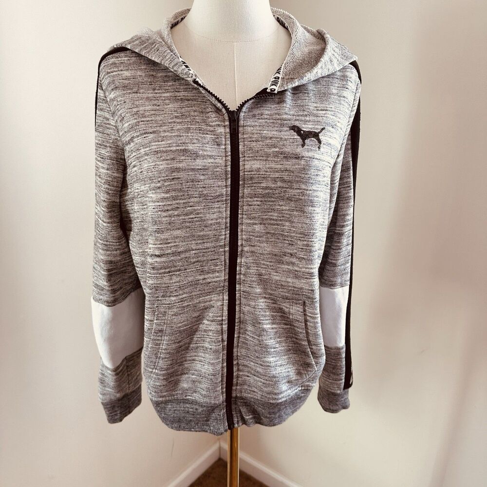 Victoria’s Secret PINK Bling Sequin Dog Logo Full Zip Hoodie Gray Medium Y2K